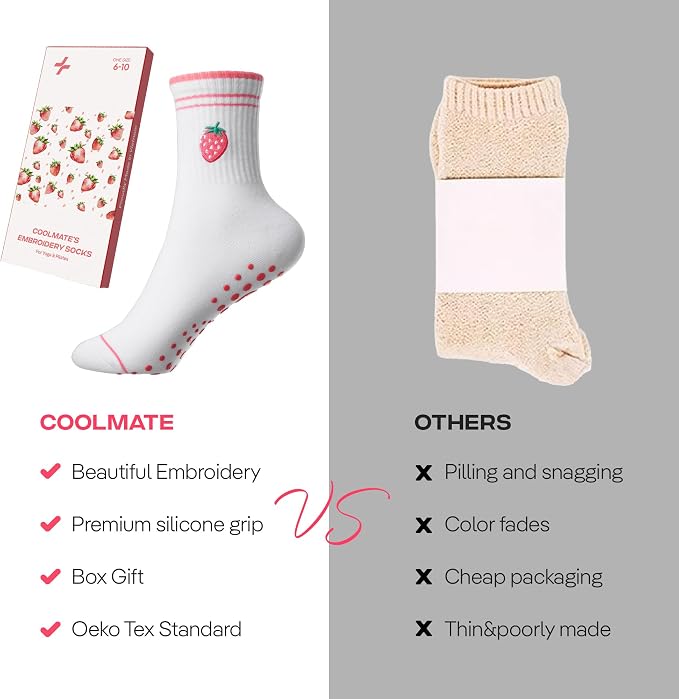 COOLMATE Pilates Socks with Grips for Women, Yoga Socks, Crew Non Slip Women for Barre, Pilates Gifts for Women