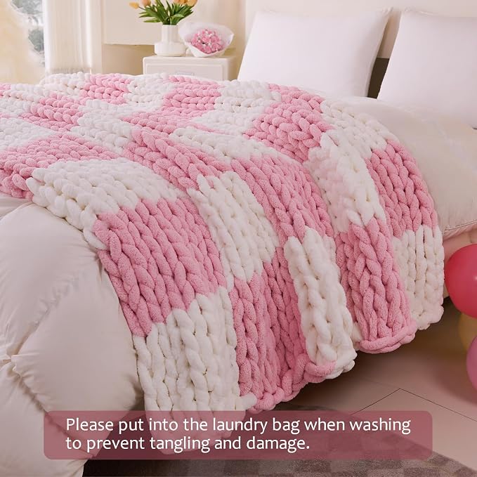Chunky Knit Blanket Throw for Couch, 51"x63" Chunky Yarn Knitted Blankets | 100% Hand Knit Thick Chenille, Soft Breathable for Bed, Sofa, Home Decor, Cozy Gifts for Women Friends, Pink Checkered