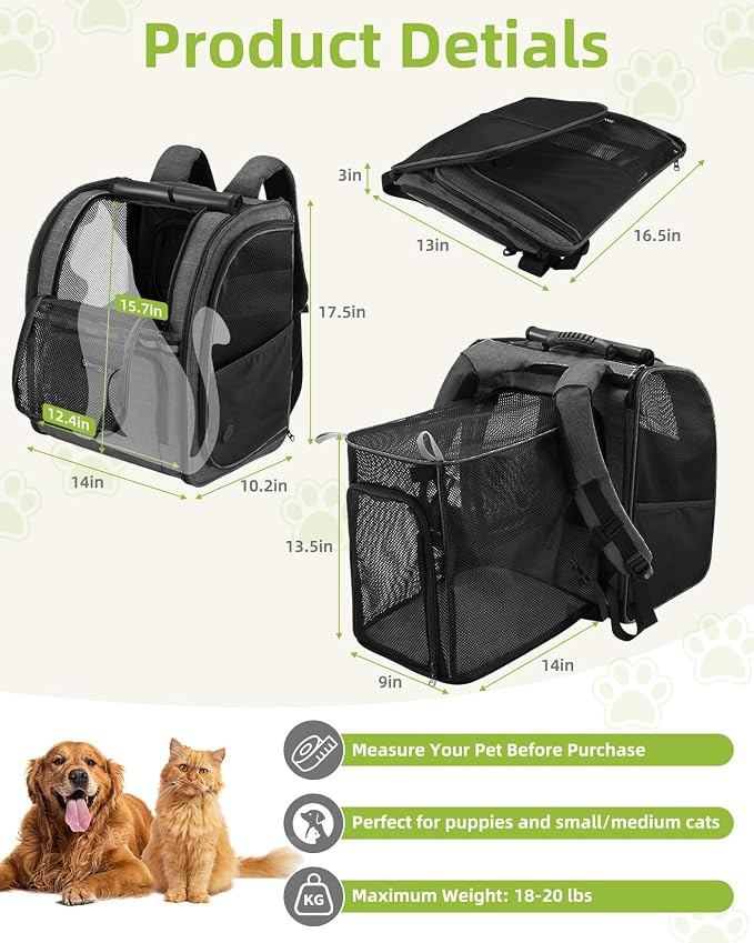 Expandable Cat Carrier Backpack, Dog Carrier Backpack for Small Dogs and Puppies Up to 20 Lbs, Great for Travel Hiking Camping Outdoor with Breathable Mesh, Dark Grey