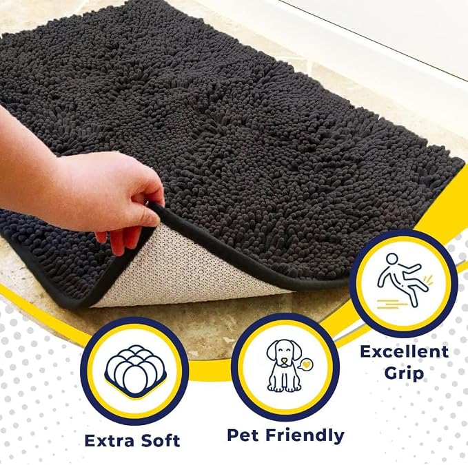 Muddy Mat® | Super Water Absorbent Door Mat Indoor, Microfiber Quick Dry Chenille Entryway Rug, Slip Resistant Front Door Mat, Indoor Mats for Entryway, Machine Washable Pet Rug, Charcoal 19"x30"