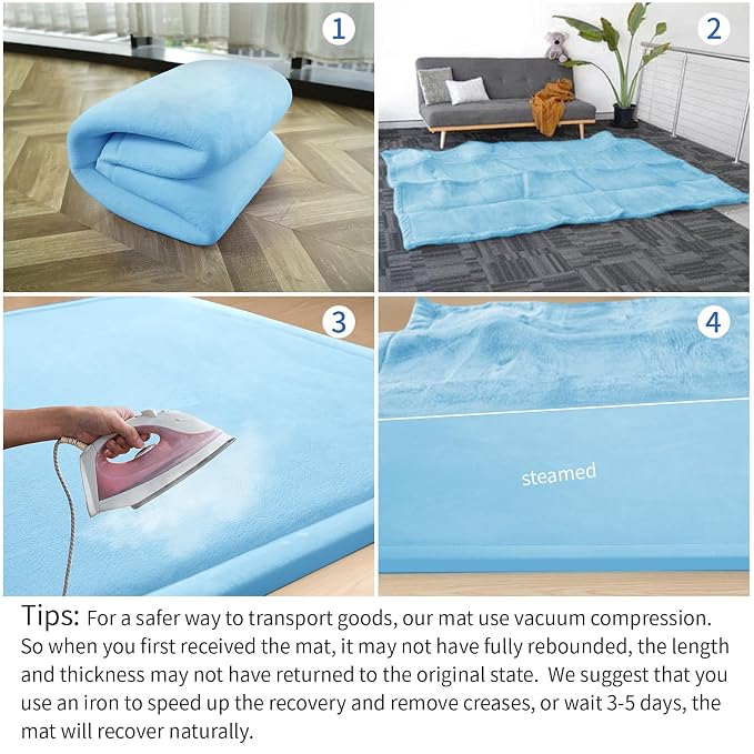 Baby Play Mat for Floor,1.3" Thick Memory Foam Tummy Time Mat,Soft Coral Velvet Nursery Rug,Extra Large Non Slip Crawling Mats for Living Room （Light Blue）