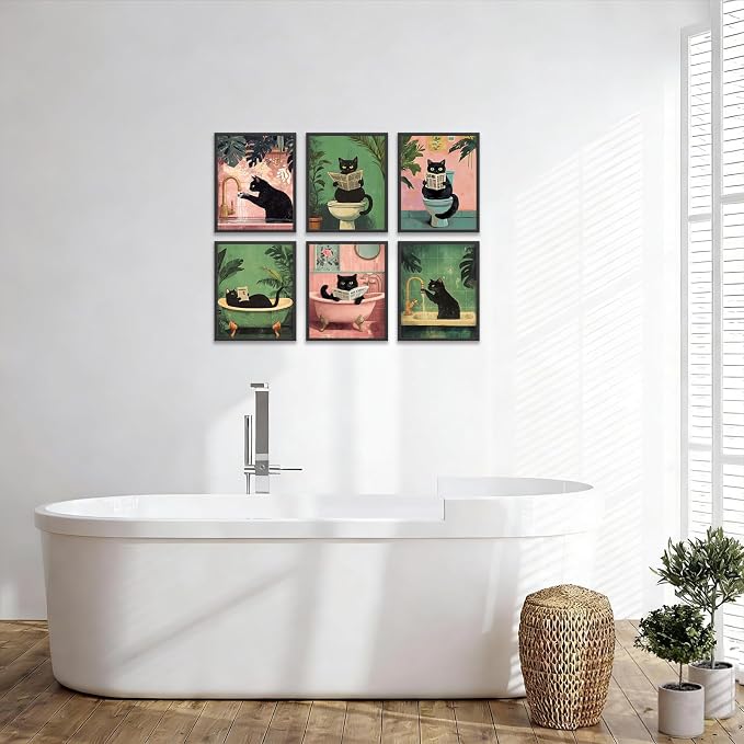 KBKBART 6pcs Funny Cat Bathroom Wall Art Prints Poster Unframed, 8x10 inch | Canvas Wall Decor, Black Cat Pictures Bathroom Toilet Art, Vintage Painting Artwork, for living room bedroom