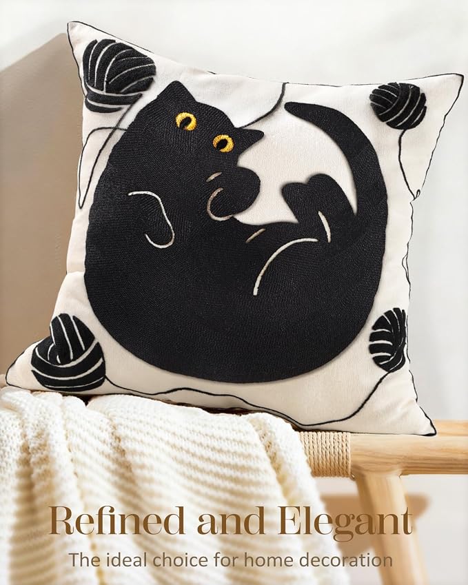 Animal Embroidered Throw Pillow Cover 18x18 Inch, Black Cat Yarn | Decorative Pillow Cover, Country Cushion Cases with Hidden Zipper, Farmhouse Decor for Couch, Sofa, Living Room, Bed