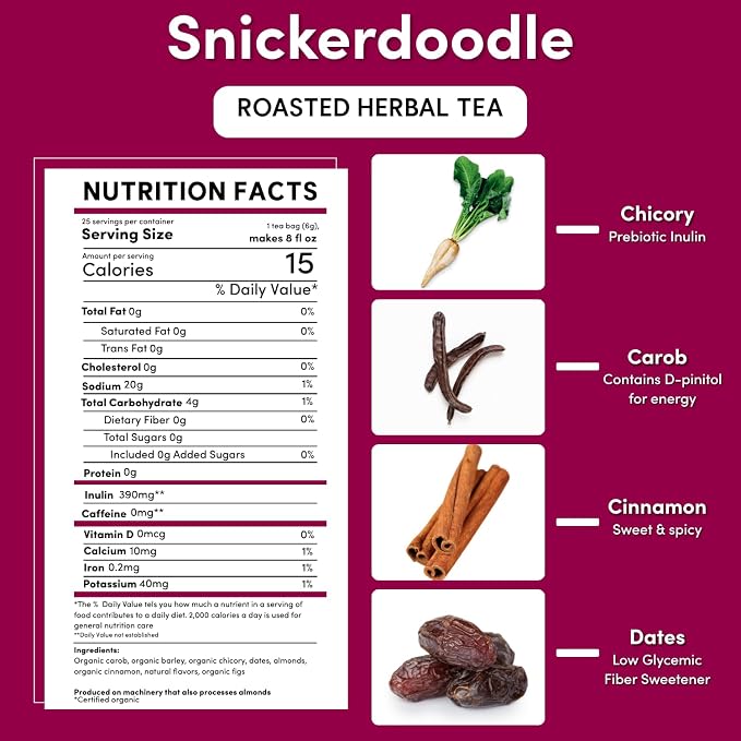 Teeccino Snickerdoodle Herbal Tea - Dessert Beverage That’s Prebiotic, Caffeine-Free & Acid Free, 25 Tea Bags