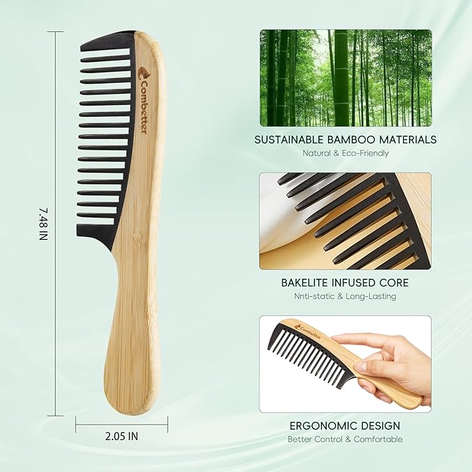 Bamboo Detangling Comb, Anti Static Comb for Curly, Thick, Think Hair & Beard, Eco-Friendly Durable Bakelite Infused Hair Comb for Women,Men (Wide Tooth with Handle)