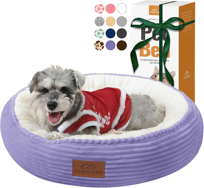 Zerbuger 23in Violet Round Dog Bed Sofa for Dogs Cats, Machine Washable | for Small/Medium/Large Dogs Cats, Foam Pet Couch with Removable Mat Non-Slip Bottom, Pet Cuddler for Indoor/Outdoor/Car/Cage