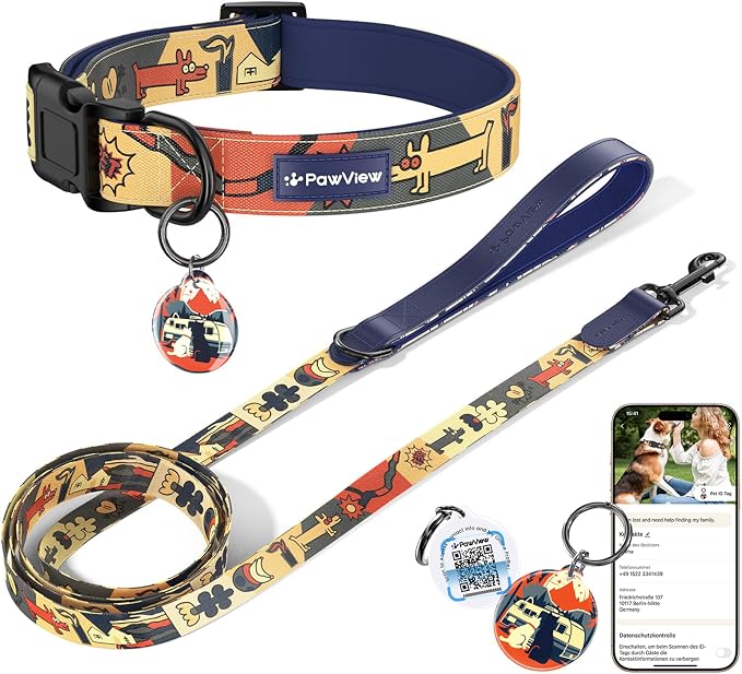 Dog Collar and Leash Set with QR ID Tag, 6 FT Leash, Dark Blue, L