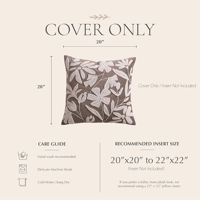 Decorative Throw Pillow Cover 20x20 Inch, Taupe Brown Floral Tufted Velvet Accent Pillow Case for Sofa Bed Living Room, Cover Only