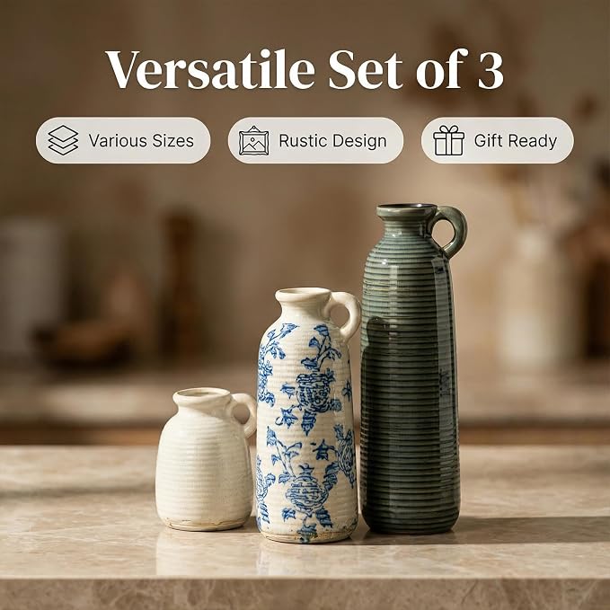 Ceramic Vase Sets, Flower Vases for Farmhouse Decoration, Modern Home Decor, Living Room Kitchen Table Centerpieces, Shelf, Mantel, Fireplace and Entrance Decorations.