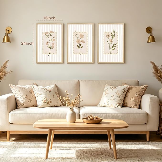 OPFDE Wood Framed Botanical Wall Art Set of 3, Neutral Wildflower Wall Decor, Minimalist Beige Stripe Poster Print, Vintage Cottagecore Farmhouse Floral Artwork for Living Room Bathroom 16x24 Inch