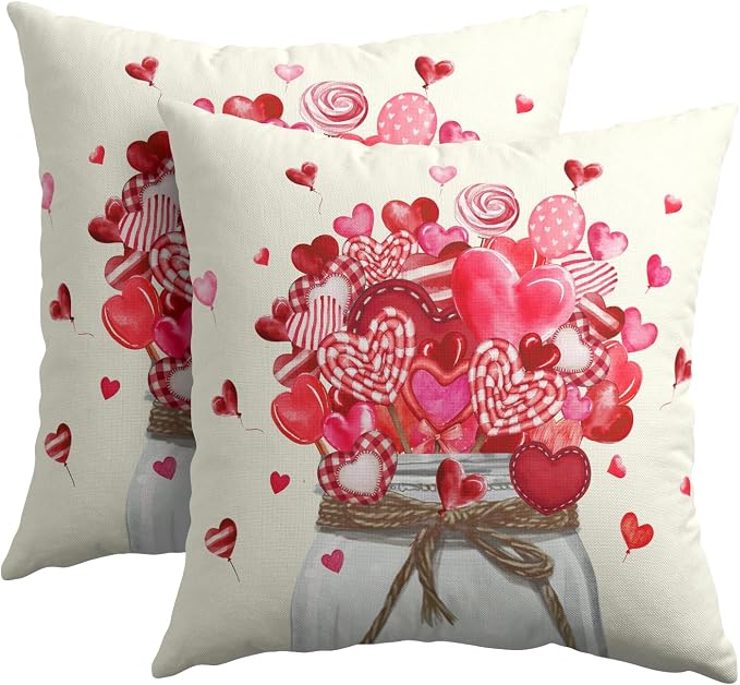 Kawani Valentine's Day Throw Pillow Covers 18x18 Inch Set of 2 Red Love Hearts Lollipops Mason Jar Romantic Pillowcase Cotton Linen Square Cushion Case for Wedding Anniversary Date Decor