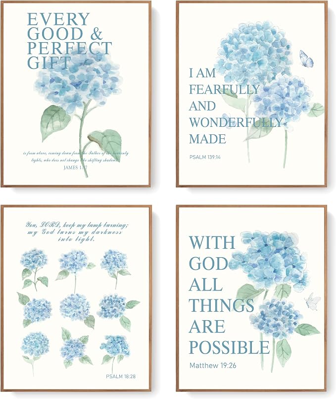 LARTSFRO Hydrangea Floral Bible Wall Art Decor Posters, Blue Floral Spring Christian Room Bathroom Bedroom Dorm Wall Art Decor Aesthetic for College Teen Girls Gifts, Inspirational Bible Verses Wall Decor, 10x8 Inch Set of 4 Pcs Hydrangea Pictures (UNF...