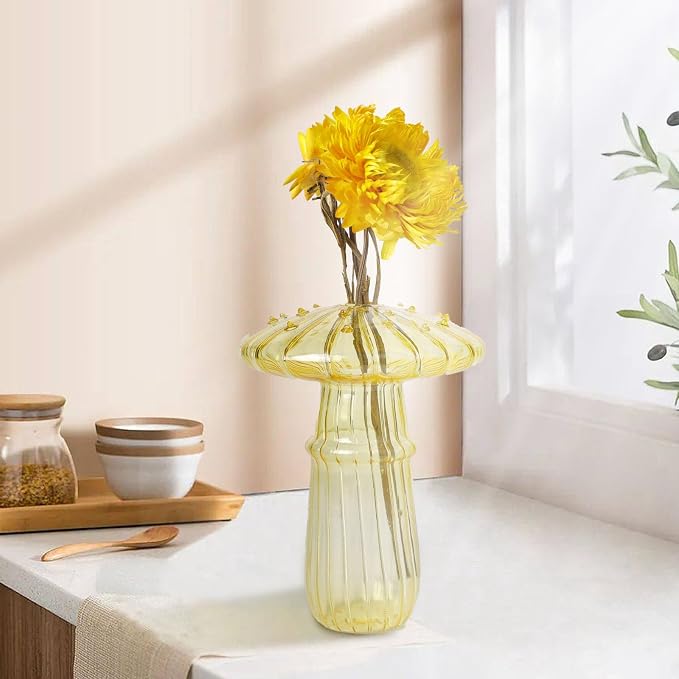 Mushroom Shaped Glass Vase, Planters Clear Hydroponic Vase, Flowers Plants for Decorative Centerpiece,Table Decor,Home Wedding Party (Yellow)
