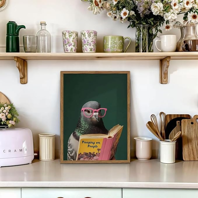 Framed Funny Pigeon Wall Art, Humorous Bird Reading Wall Decor Paintings, Pooping on People Book Pictures Canvas Print Eclectic Home Decor for Bathroom Living Room Office Dorm 12x16 inch