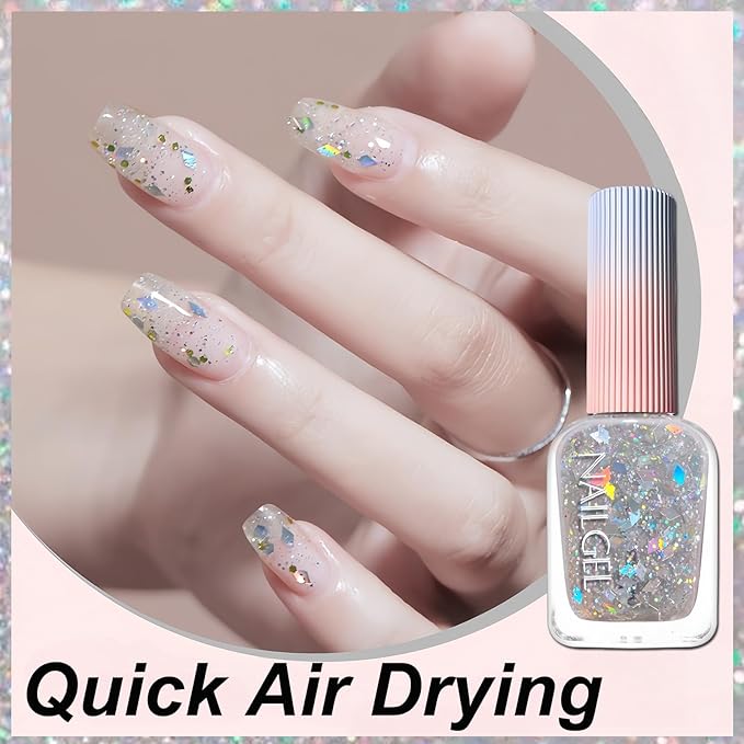 Clear Glitter Nail Polish, Chunky & Fine Holographic Glitter Top Coat, Iridescent Confetti Nail Polish Quick Dry, For DIY Nail Art and Holiday Party, Non Toxic