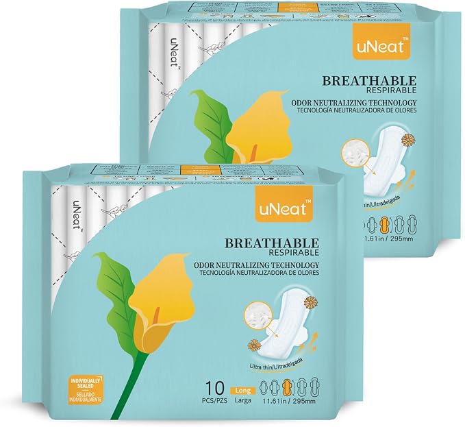 uNeat Ultra Thin Sanitary Pads for Women, Long Overnight Period Pads with Wings, Feminine Care, Heavy Absorbency, Unscented, Sanitary Napkins, (Size 3, 20 Count)