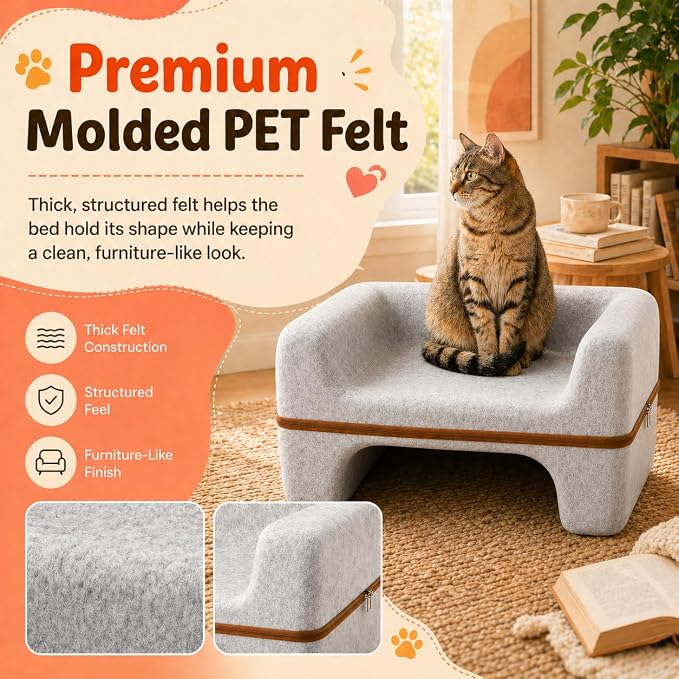 Large Cat Bed for Indoor Cats, 2-Tier Cat Cave Bed with Top Lounge & Lower Hideaway, Washable PET Felt Cat Sofa for Living Room, Bedroom, Apartment, Scratch-Friendly Cat Furniture, Light Gray