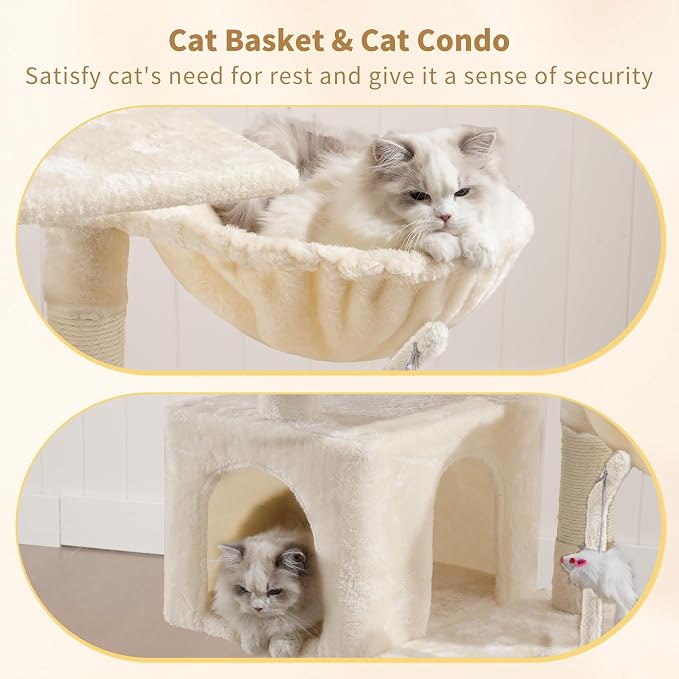 Heybly Cat Tree with Toy, 43.3 inch Cat Tower for Indoor Cats HCT004SM | Cat Condo with Durable Sisal Scratching Posts, Cat House with Padded Plush Perch, Cozy Hammock, Beige