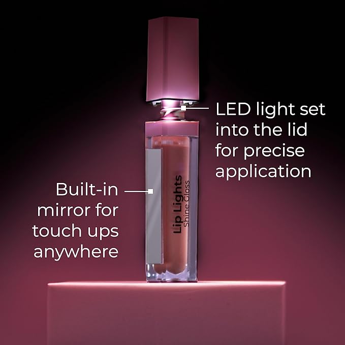 MCoBeauty - Lip Lights Shine Gloss - Nude Lip Gloss - High Shine Glass-Like Finish with Built-In LED Light & Mirror - Moisturizing Lightweight - Face Makeup