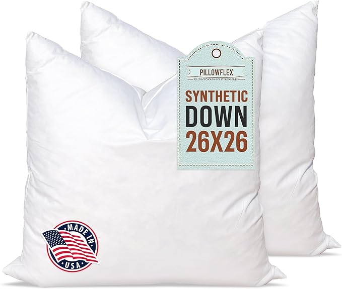Pillowflex Synthetic Down Pillow Insert 26x26 in - Karate Chop Pillow | Set of 2 - Large Euro Square Sham Form, Plush Polyester Cotton Blend, Cloud-Like Comfort, Clump-Resistant Fill, Smooth Finish