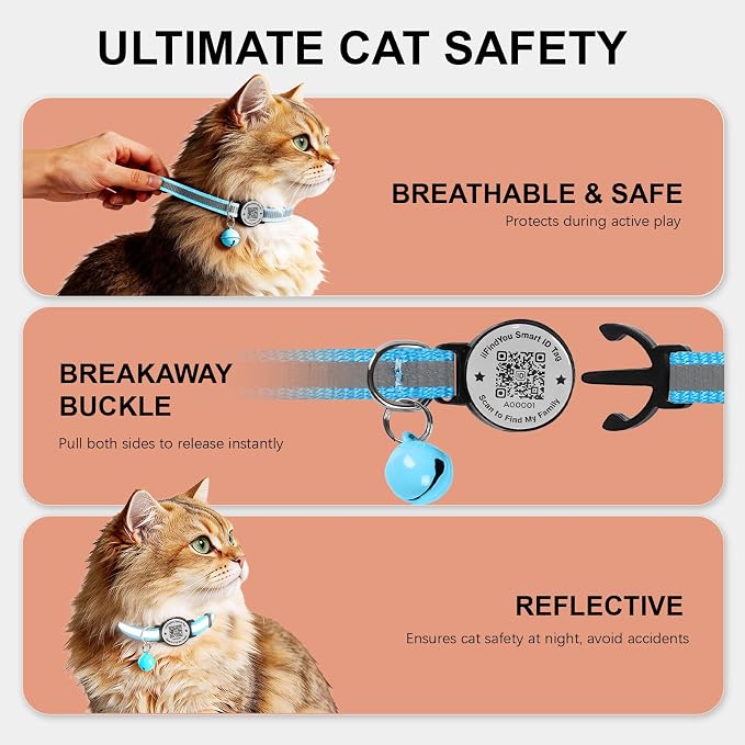 Breakaway Cat Collar QR Code, Reflective Bell, Adjustable Kitten, Blue