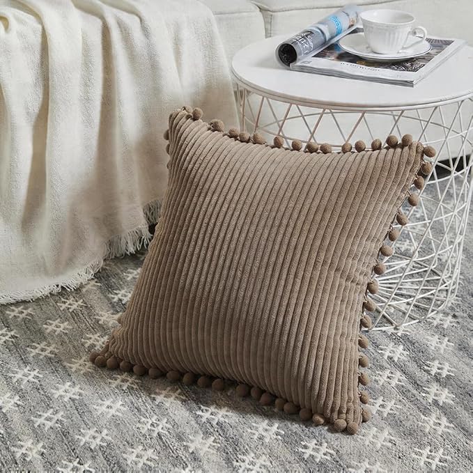 Fancy Homi Set of 2 Light Brown Euro Decorative Throw Pillow Covers 26x26 Inch with Pom-poms, Boho Soft Corduroy Solid Square Cushion Case for Couch Sofa Bedroom Car Living Room 66x66 cm