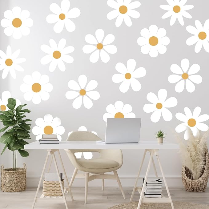 TaoBary 12 Sheet Daisy Wall Sticker Decal,White, Yellow,Novelty Style | Big Flower Wall Sticker, Pink White Floral Decal, Daisy Bedroom Room Decor, Removable Peel and Stick, Nursery Home Wall Decor