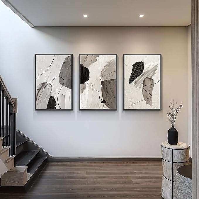 Large Framed Modern Abstract Wall Art for Living Room, 3 Piece Black White Gray Canvas Prints Paintings Artwork for Walls, Minimalist Abstract Pictures for Hallway, Stair, Office Wall Decor 24x36 In