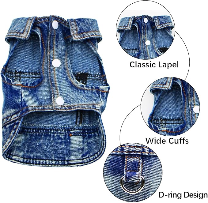 Dog Jean Jacket,Blue Denim Vest for Small Pet,Cute Clothes with D-Ring | Soft Washed Cotton Denim Costume,Cool Apparel Dress Shirt for Puppy,Classic Coat Outfit for Small Dogs Cats Boy Girl