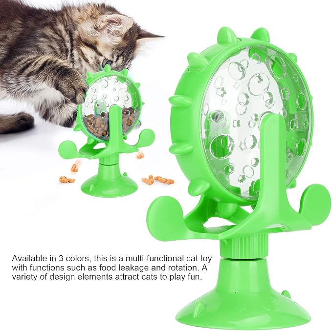 Cat Food Leakage Toy, Windmill Treat Dispensing Cat Puzzle for Indoor Cats, Interactive Slow Feeder with Suction Cup for Kitten Snacks, Mental Enrichment & Fun Play