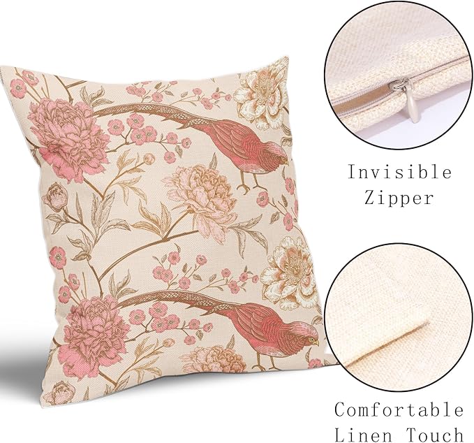 Flowers Birds Pillow Covers 18X18 Inch Set of 2 Pink White Roses Floral Leaf Decorative Pillow Cases Art Retro Gold Cotton Linen Cushion Case Vintage Home Decor for Sofa Couch Porch Outdoor