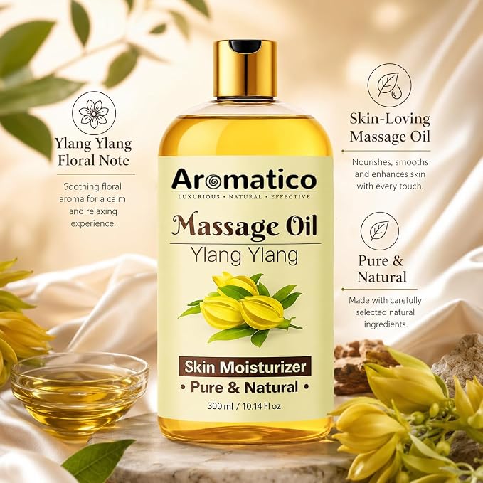 Aromatico Ylang Ylang Massage Oil 10.1 fl oz – Floral Body Oil for Relaxation & Skin Nourishment – Lightweight, Non-Greasy, Fast Absorbing Massage Oil for Spa & Daily Use