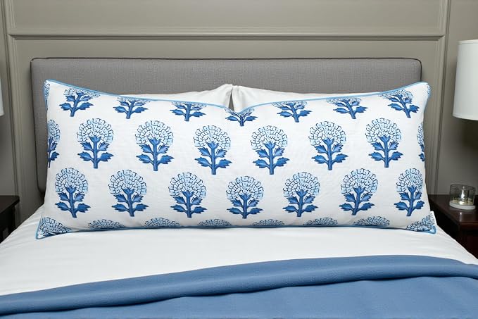 Marigold Floral Print 14x36 Extra Long Lumbar Pillow Cover, Blue | Blue marigold floral on off-white slub, blue piping; both sides printed; hidden zip; ext; cover only