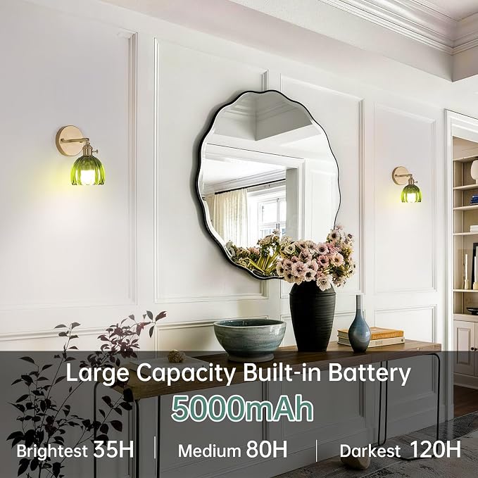 Shenmoyl Vintage Battery Operated Wall Sconce with Green Tulip Glass Lampshade 5000 mAh Rechargeable Battery Powered Wall Light with Remote Control for Bedside Bedroom Doorway, Set of 2