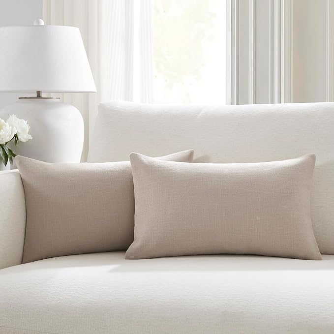 Meekio Set of 2 Natural Beige Throw Pillow Covers 12x20, Modern Farmhouse Linen Blend Decorative Pillow Covers for Couch Sofa Bed, Neutral Home Decor