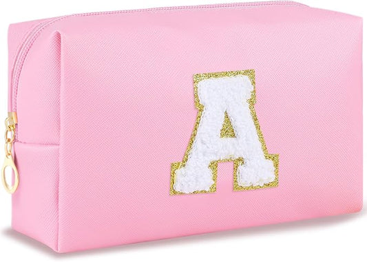URSKYTOUS Initial Makeup Bag Personalized Preppy Cosmetic Bag Travel Toiletry Bag Waterproof PU Small Makeup Pouch Bag for Purse Birthday Gift Cute Stuff for Teen Girls Women (Pink A)