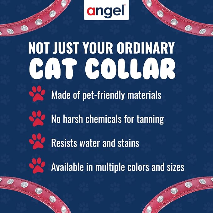 Athens Cat Collar, Leather Kitten Collar w/Rhinestones, Sturdy Breakaway Cat Collar with Bell & Elastic Stretch, Cat Accessories, Valentine Red, 10 x ½ inches - Angel Pet Supplies