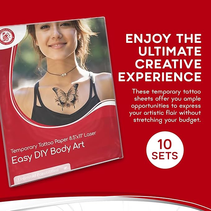 BubblePop! Printable Temporary Tattoo Paper for Laser Printer - Skin-Safe, Water-Resistant Tattoo Paper for Printer - Make Your Own Temporary Tattoos with Blank 8.5x11” Sheets - 10 Set