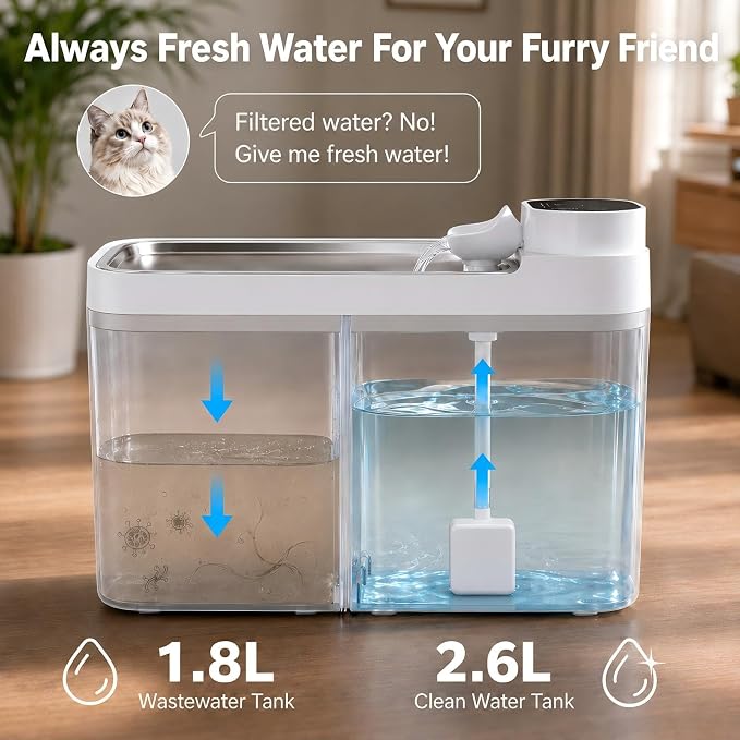 Cat Water Fountain No Filter, Wastewater Separation Cat Fountain Without Filters, Cordless &180-Days Runtime Pet Water Fountain