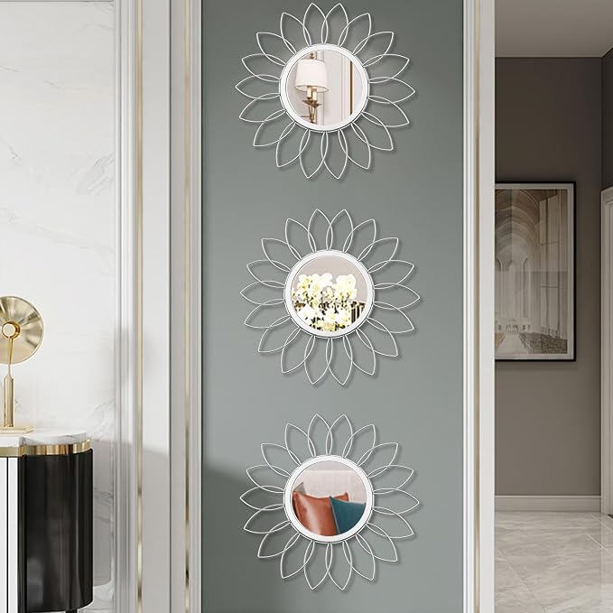 3 Pack Metal Mirrors for Wall Sunburst Wall Mirrors Home Décor Decorative Hanging Wall Art for Living Room Bedroom Entryway (Silver, Flowers)