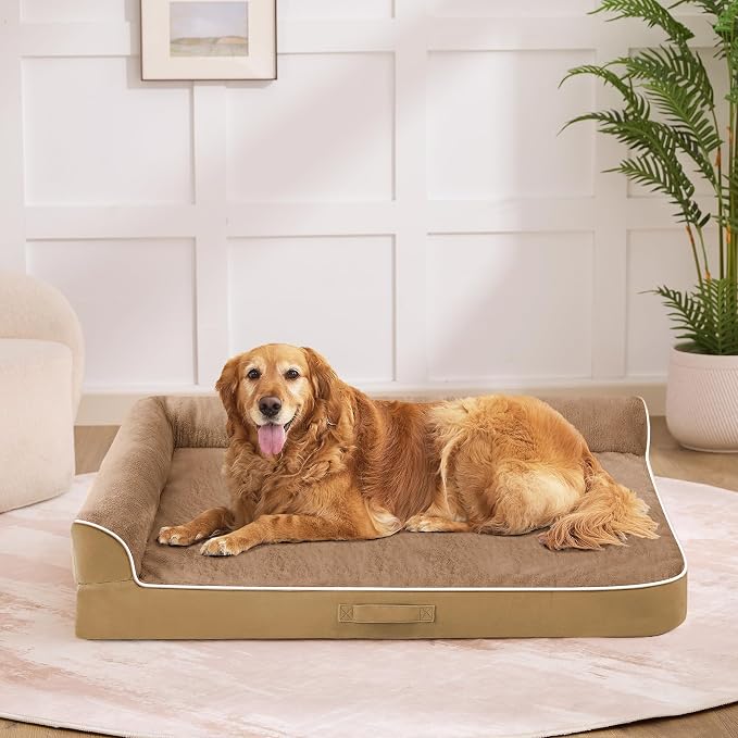 Orthopedic Dog Bed for Medium Size Dog, 36"x27"x6.5", Camel | Waterproof, Washable Cover, L-Shaped Pet Couch, Egg-Crate Foam for Pressure Relief, Portable Handle