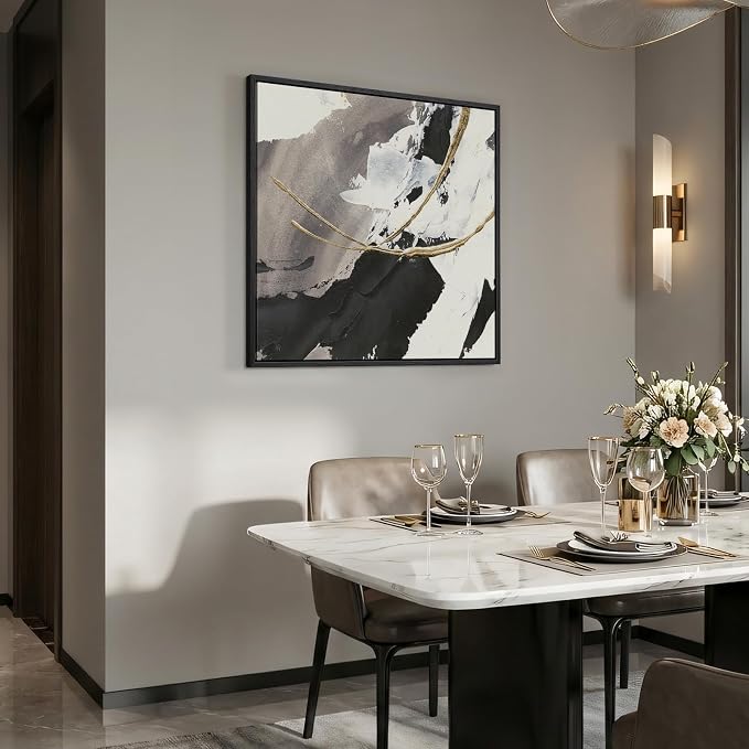 Framed Modern Black and White Abstract Wall Art, Square Contemporary Canvas Prints Artwork for Walls, Minimalist Gold Line Pictures for Bedroom Dining Room Lounge Living Room Office Wall Decor 24x24 In
