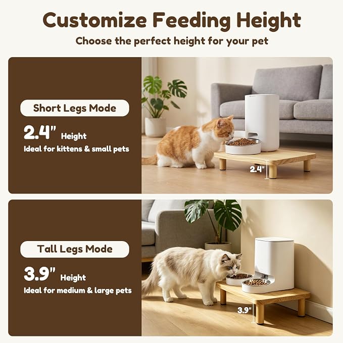 Elevated Cat Food Stand for Automatic Feeders, 2 Pack | Adjustable to 2.4" or 3.9", raised platform for most auto feeders and cat bowls, solid pine wood, for comfortable feeding