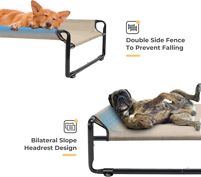 Veehoo Outdoor Elevated Dog Bed, Cooling Raised Dog Beds for Large Dogs | Washable Dog Cot with Headrest Sides, Non-Skid Feet, Breathable Mesh, Cooling Pet Hammock for Indoor or Camping, 42", Beige