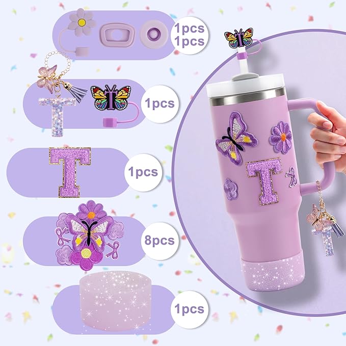 15PCS Cup Accessories Set for Stanley Cup 30oz 40oz Tumbler with Handle, Including Silicone Straw Cover and Boot, Spill Proof Stopper, Stanley Charms, Handle Charm, Initials Sticker