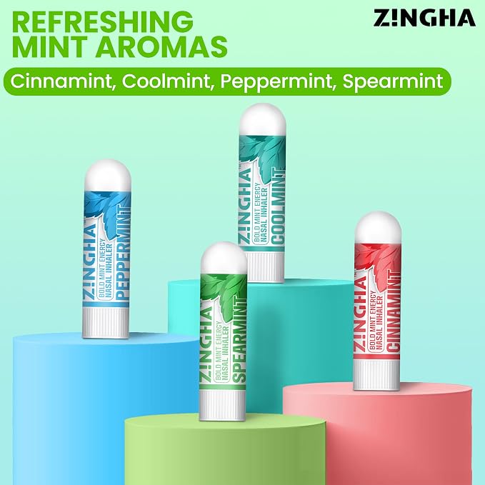 Z!NGHA Natural Aromatherapy Nasal Inhaler Stick for Sinus Relief, Focus & Stress Relief | Portable Dual-Hole Essential Oil Blend (4PK, Peppermint)