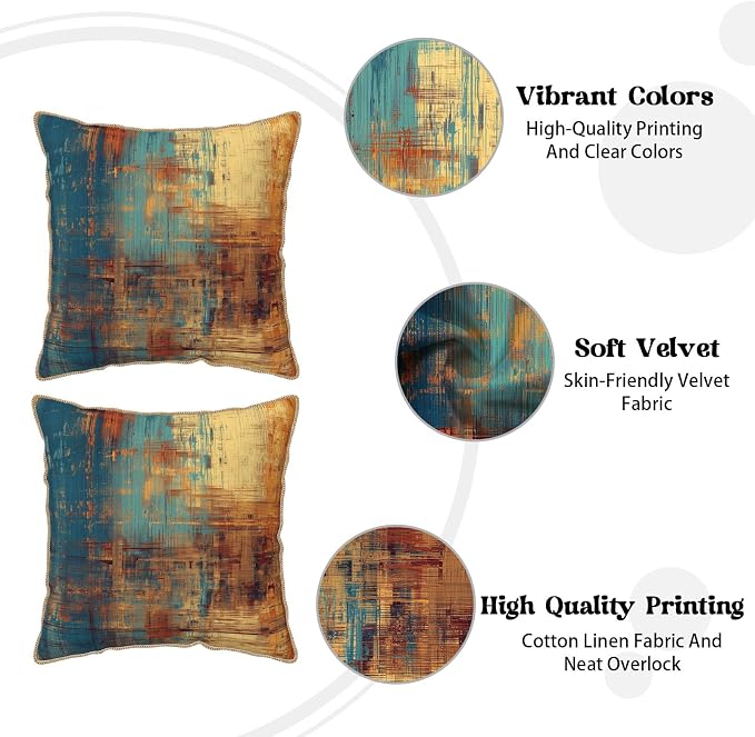 Vintage Abstract Teal Orange Velvet Pillow Covers 20x20 InchMessy Blue Rust Throw Pillows for Couch Cushion Covers Pillowcase Retro Colorful Art Pillow Cases for Sofa Bed Living Room