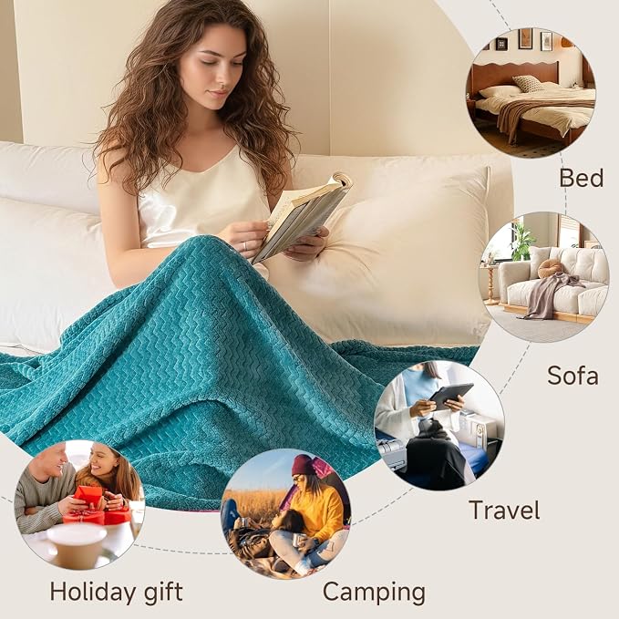 Simple&Opulence Teal Fleece Throw Blanket Lightweight Super Soft Cozy Flannel Blanket with Wave Textured for Sofa Couch Bedroom Decor Camping 50x60 Inches All Season Use（Wave Teal