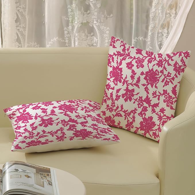 Floral Pillow Covers 18x18 Inch Set of 2 Block Print Hot Pink Flower Throw Pillow Covers Outdoor Decor Boho Vintage Flower Decoration Pillowcase Farmhouse Decorative Cushion Cover For Sofa Couch