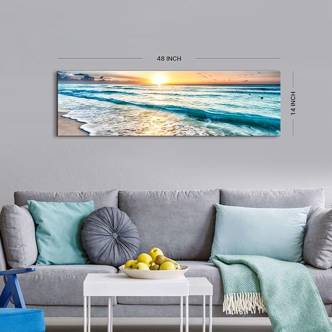 Sunrise Ocean Beach Canvas Wall Art Coastal Room Decor Nature Pictures for Wall Nautical Bathroom Living Room, Sea Waves Landscape Painting Tropical Seascape Poster Prints Artwork Decorations 14x48”